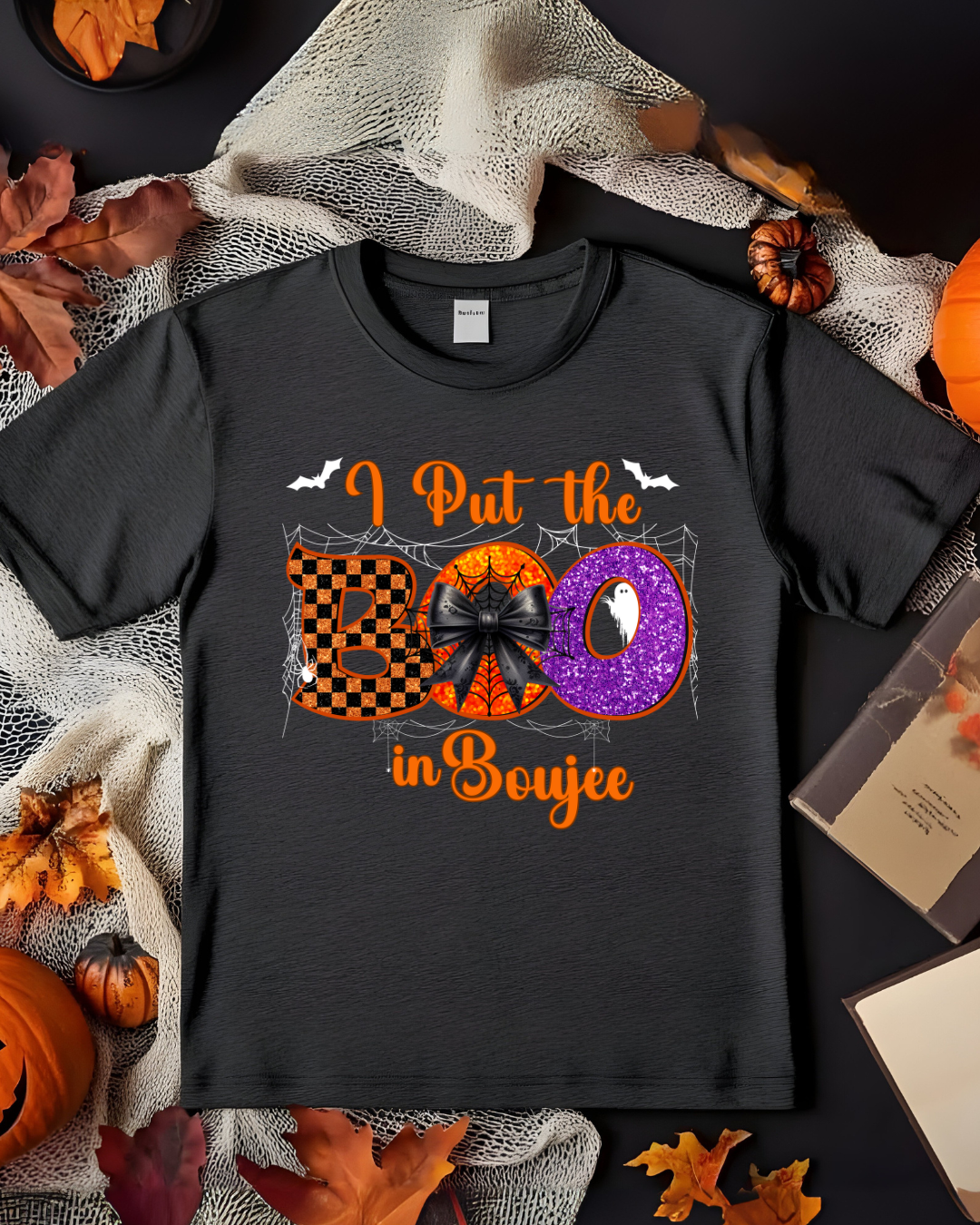 I Put the Boo in Boujee Halloween T-Shirt | Cute Spooky Graphic Tee for Women (white design) - Designs By Dice