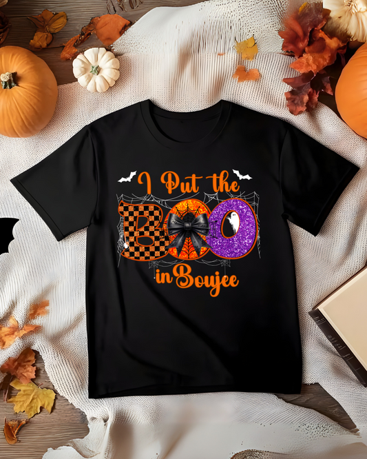 I Put the Boo in Boujee Halloween T-Shirt | Cute Spooky Graphic Tee for Women (white design)