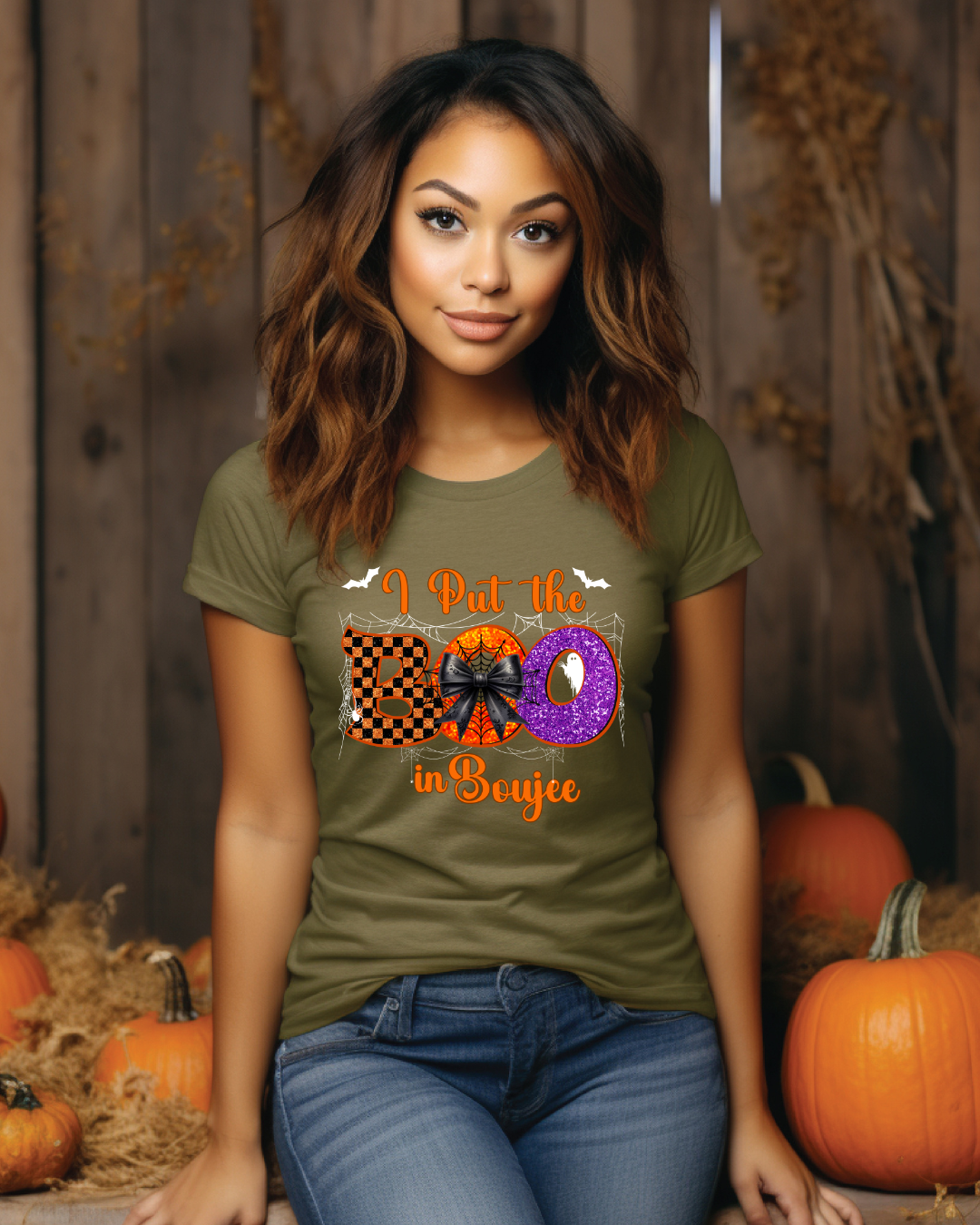 I Put the Boo in Boujee Halloween T-Shirt | Cute Spooky Graphic Tee for Women (white design) - Designs By Dice
