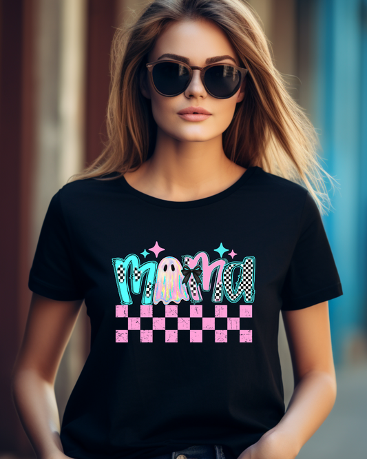 Mama Iridescent Ghost Halloween T-Shirt | Cute Pastel Spooky Checkered Tee for Moms