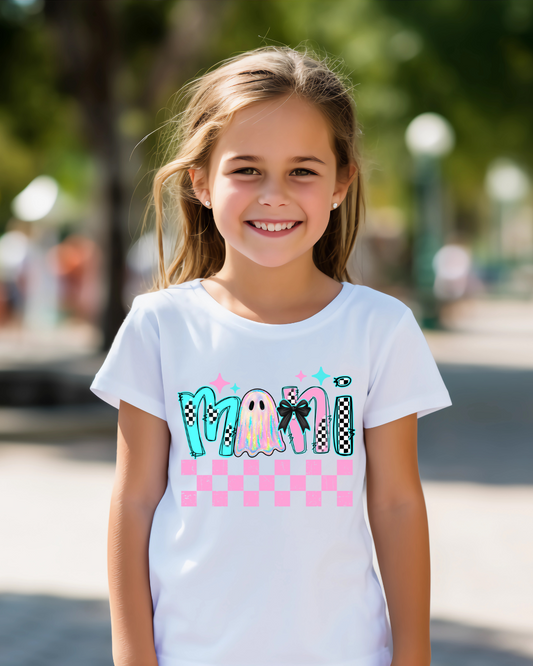Mini Iridescent Ghost Halloween Kids T-Shirt | Cute Pastel Spooky Checkered Tee