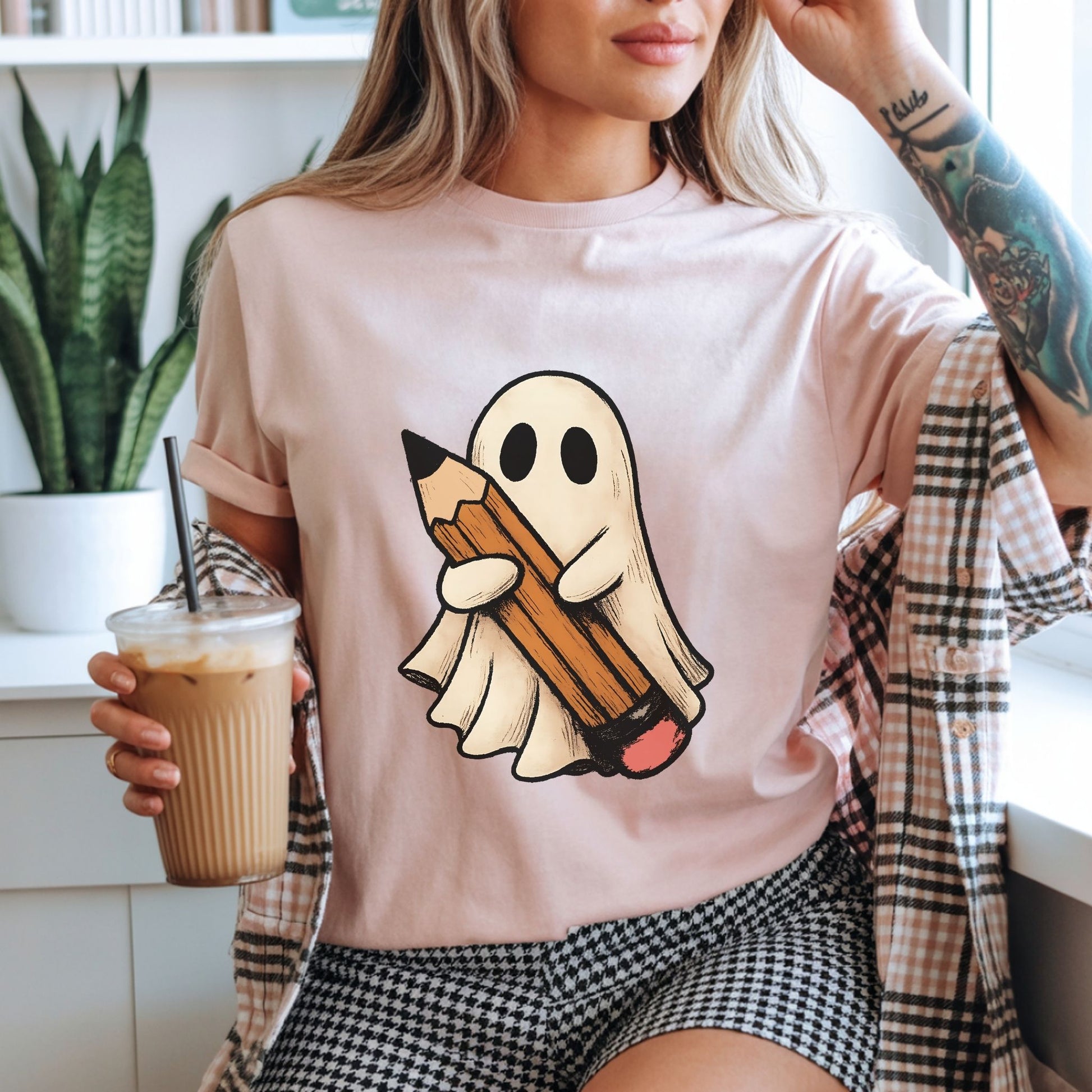 Cute Ghost with Pencil T-Shirt – Spooky Teacher & Student Halloween Graphic Tee - Designs By Dice