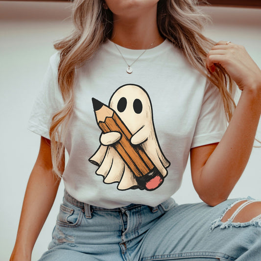 Cute Ghost with Pencil T-Shirt – Spooky Teacher & Student Halloween Graphic Tee