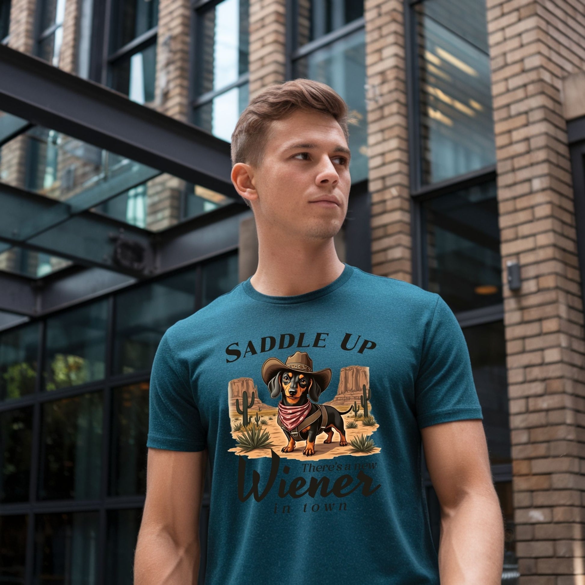 Saddle Up Wiener Dog T-Shirt – Funny Cowboy Dachshund Western Graphic Tee - Designs By Dice