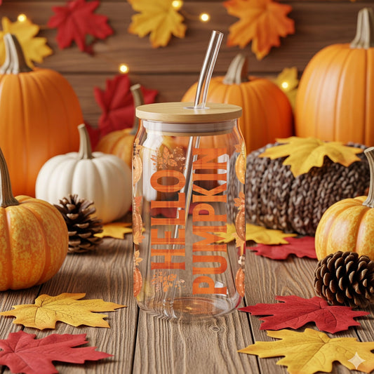 Hello Pumpkin 16oz Sipper Glass Cup – Fall Plaid Pumpkin Tumbler with Lid & Straw - Designs By Dice