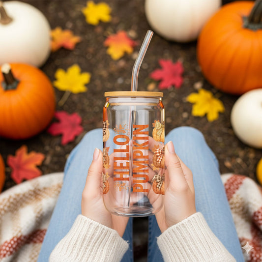 Hello Pumpkin 16oz Sipper Glass Cup – Fall Plaid Pumpkin Tumbler with Lid & Straw