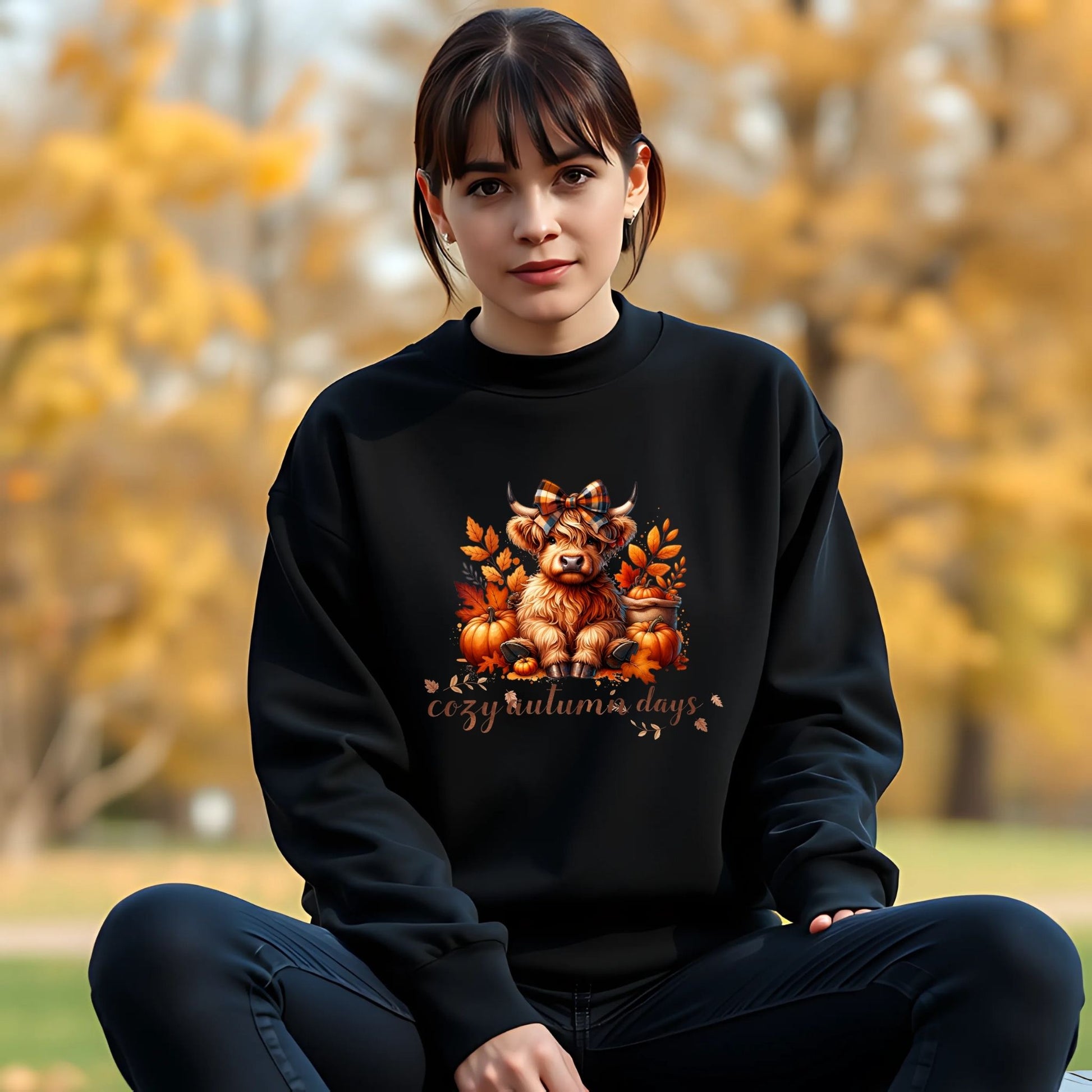 Cozy Autumn Days Highland Cow Sweatshirt – Cute Fall Pumpkin Crewneck Sweater - Designs By Dice