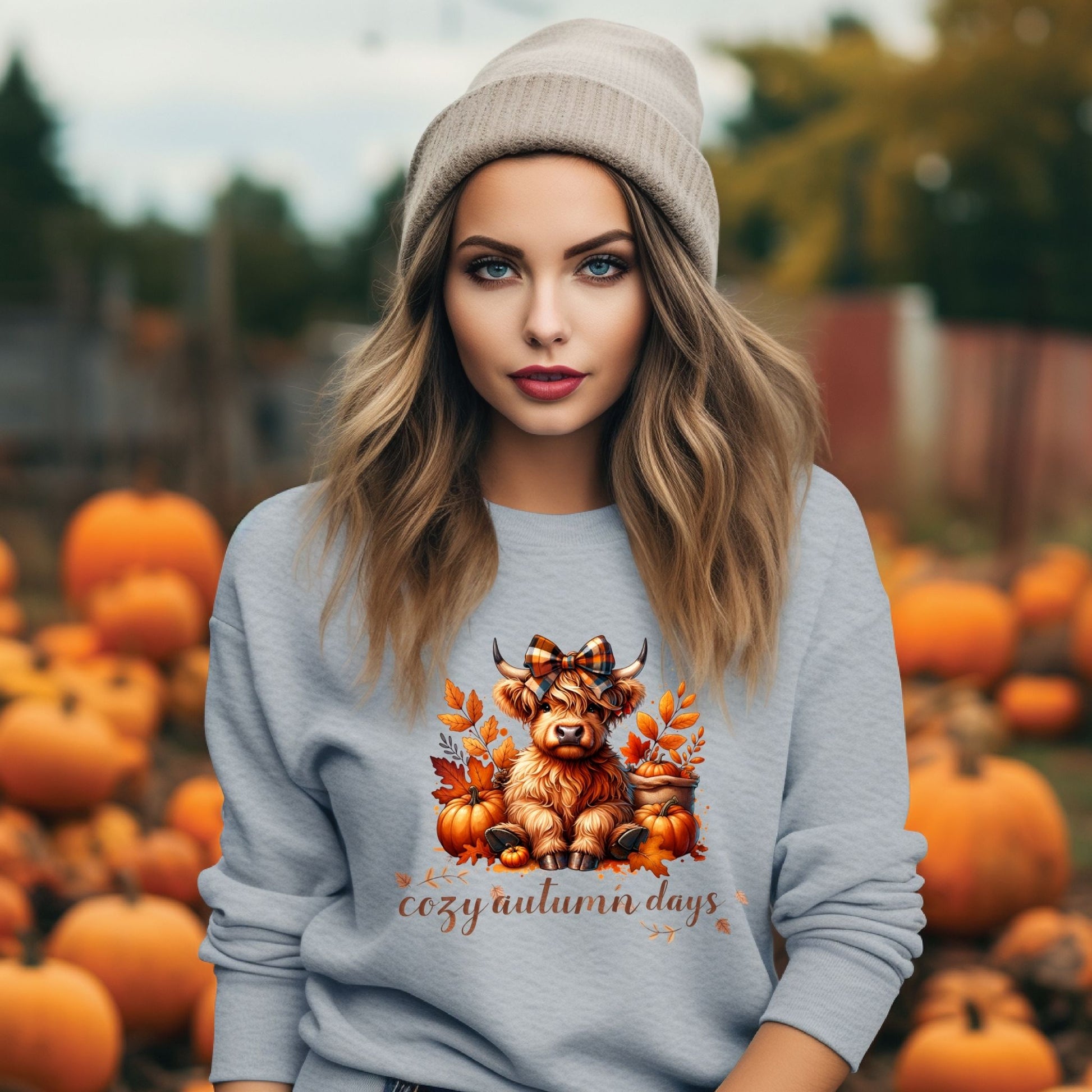 Cozy Autumn Days Highland Cow Sweatshirt – Cute Fall Pumpkin Crewneck Sweater - Designs By Dice