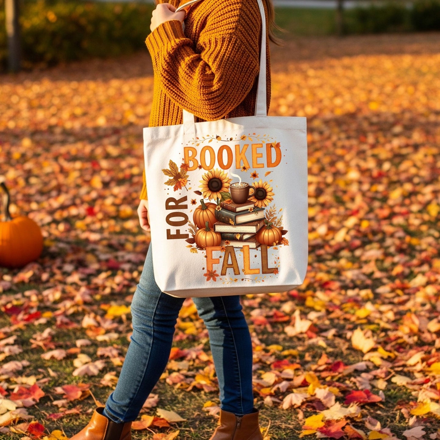 Booked for Fall Tote Bag – Cozy Autumn Pumpkin & Book Lover Canvas Bag