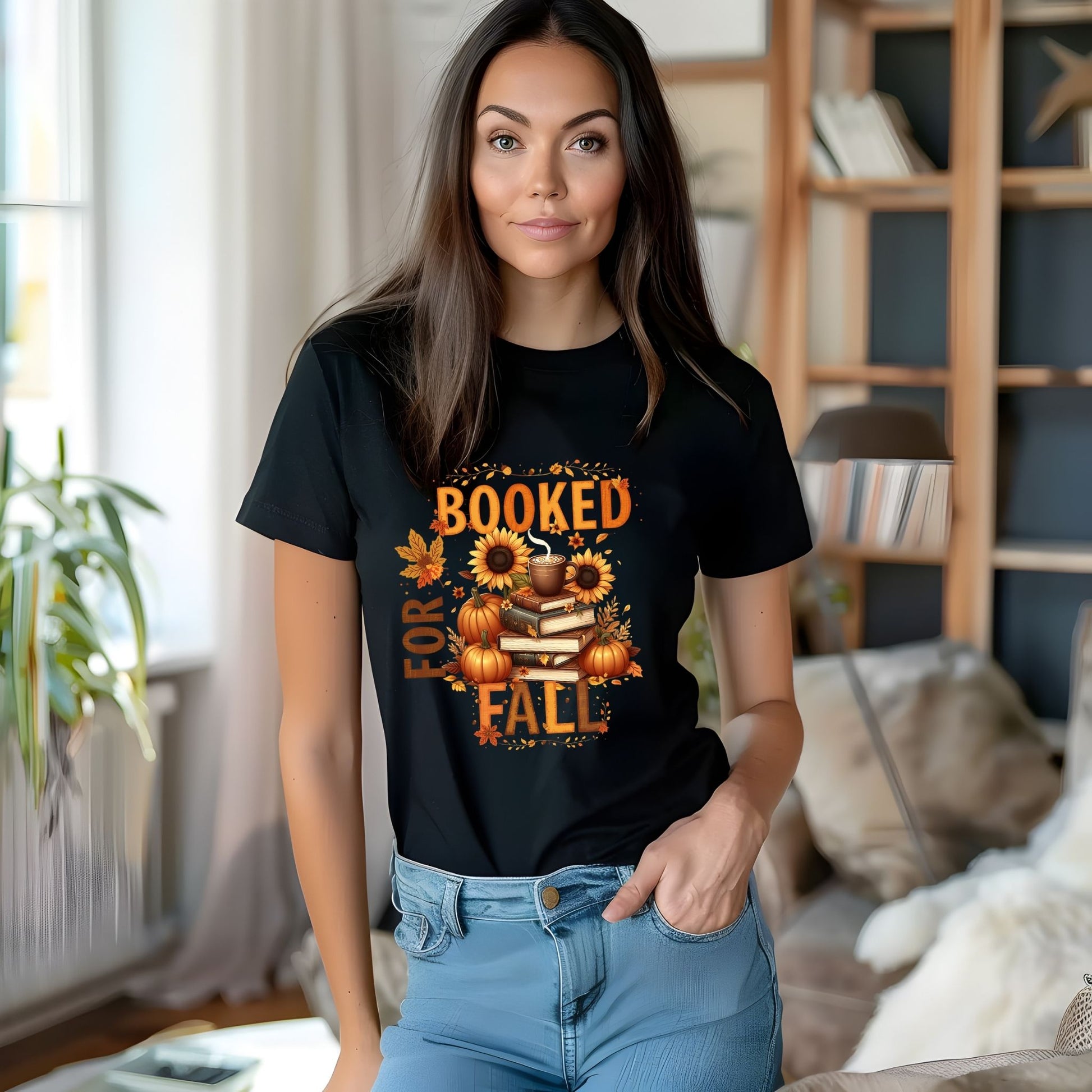 Woman wearing a black t-shirt with 'Booked for Fall' design in a cozy living room.