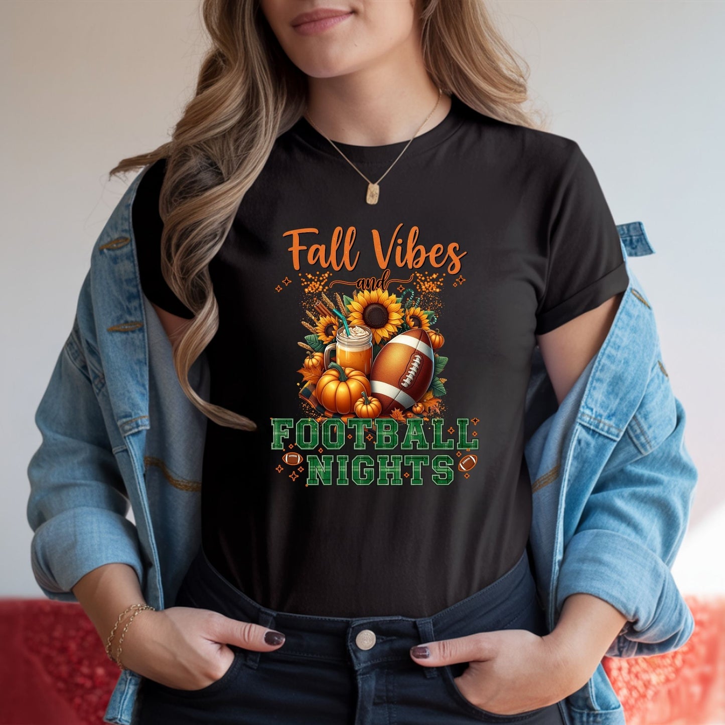 Fall Vibes and Football Nights T-Shirt – Cozy Autumn Pumpkin & Game Day Graphic Tee