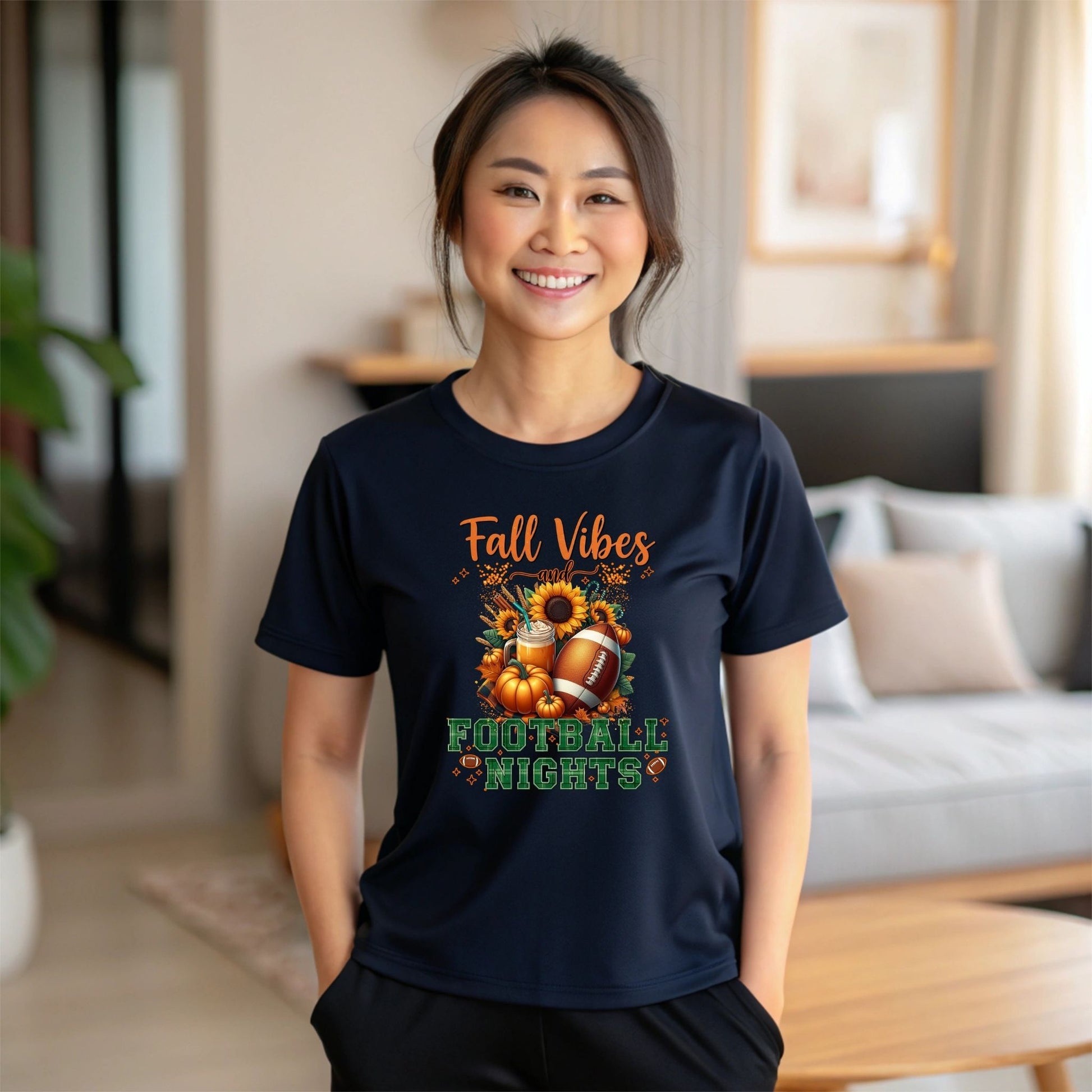 Fall Vibes and Football Nights T-Shirt – Cozy Autumn Pumpkin & Game Day Graphic Tee - Designs By Dice