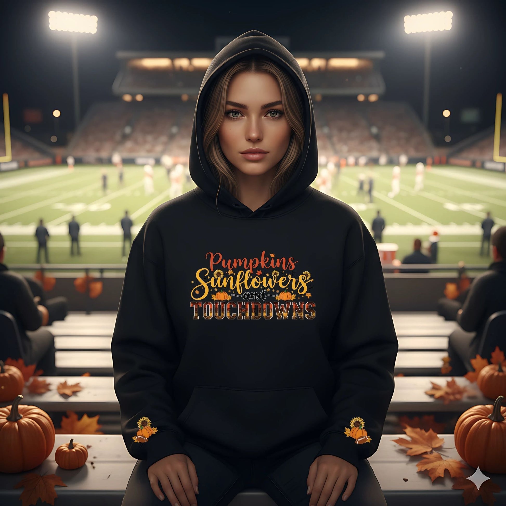 Pumpkins Sunflowers and Touchdowns Hoodie – Fall Football Graphic Hooded Sweatshirt with Sleeve Design - Designs By Dice