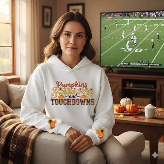 Pumpkins Sunflowers and Touchdowns Hoodie – Fall Football Graphic Hooded Sweatshirt with Sleeve Design
