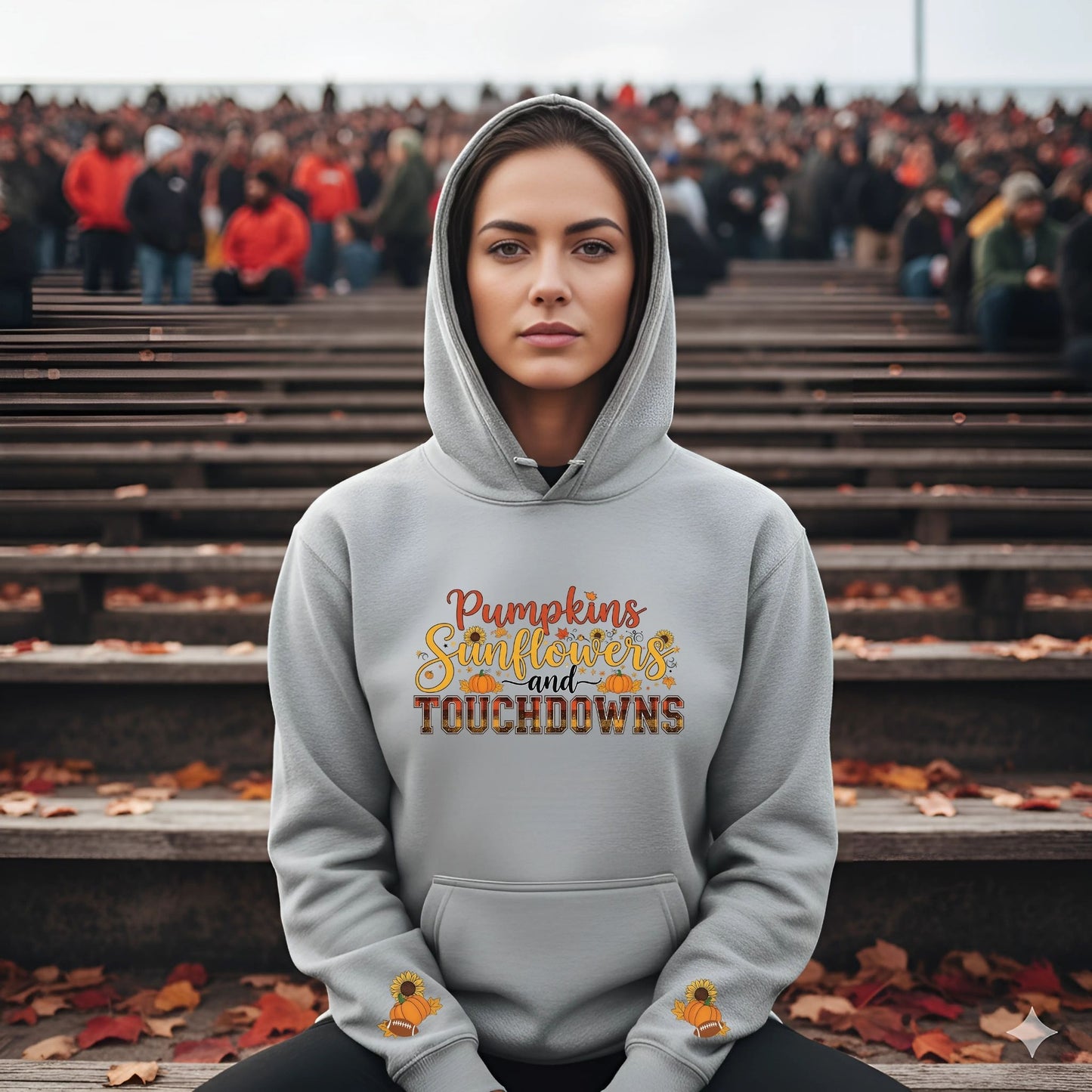 Pumpkins Sunflowers and Touchdowns Hoodie – Fall Football Graphic Hooded Sweatshirt with Sleeve Design