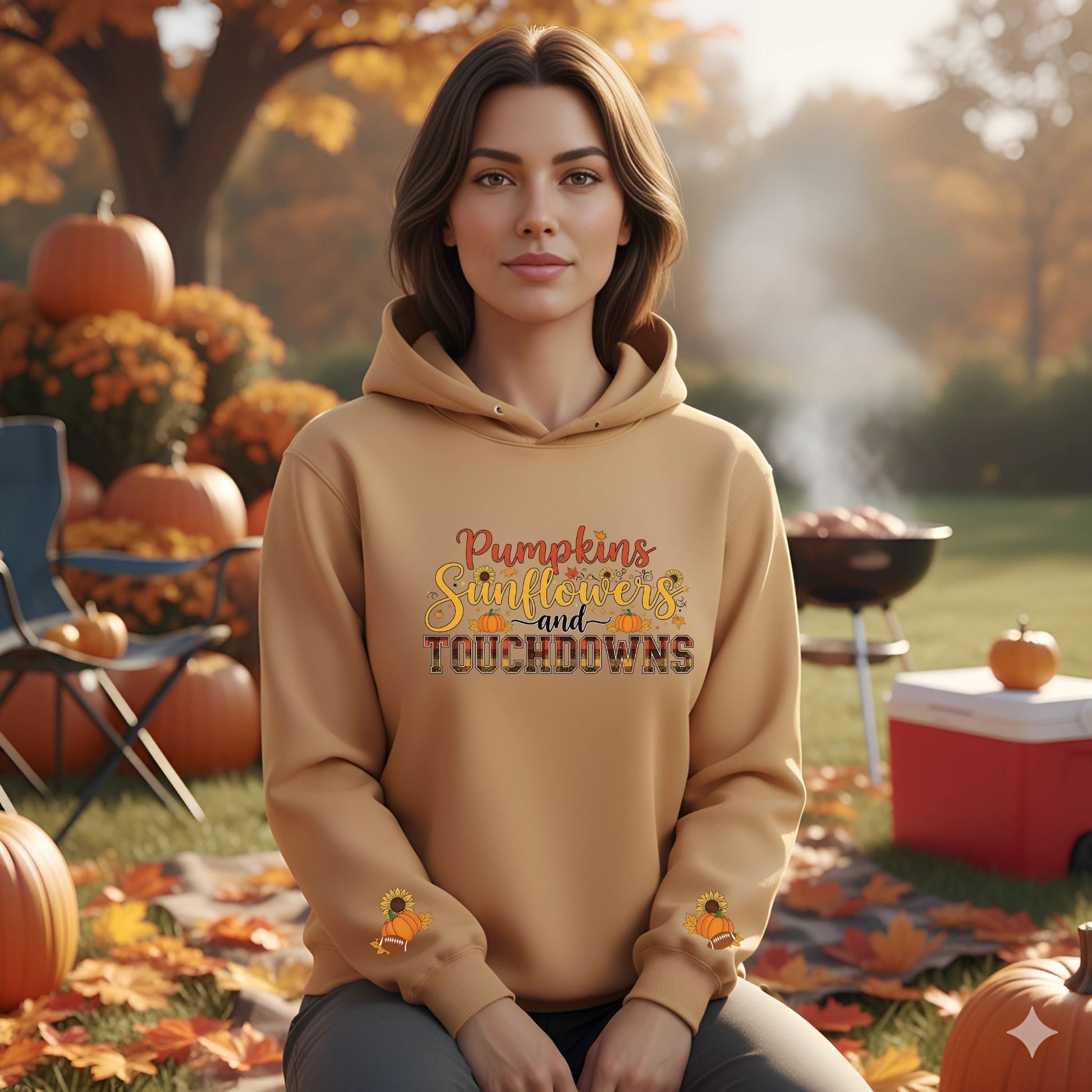 Pumpkins Sunflowers and Touchdowns Hoodie – Fall Football Graphic Hooded Sweatshirt with Sleeve Design - Designs By Dice