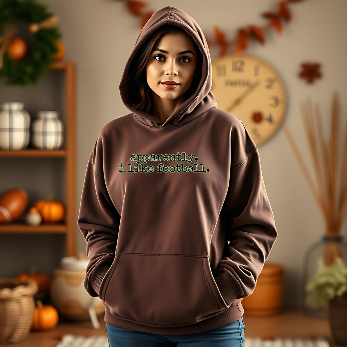 Person wearing a brown hoodie with 'apparently, i like football.' text in a cozy room with autumn decorations.