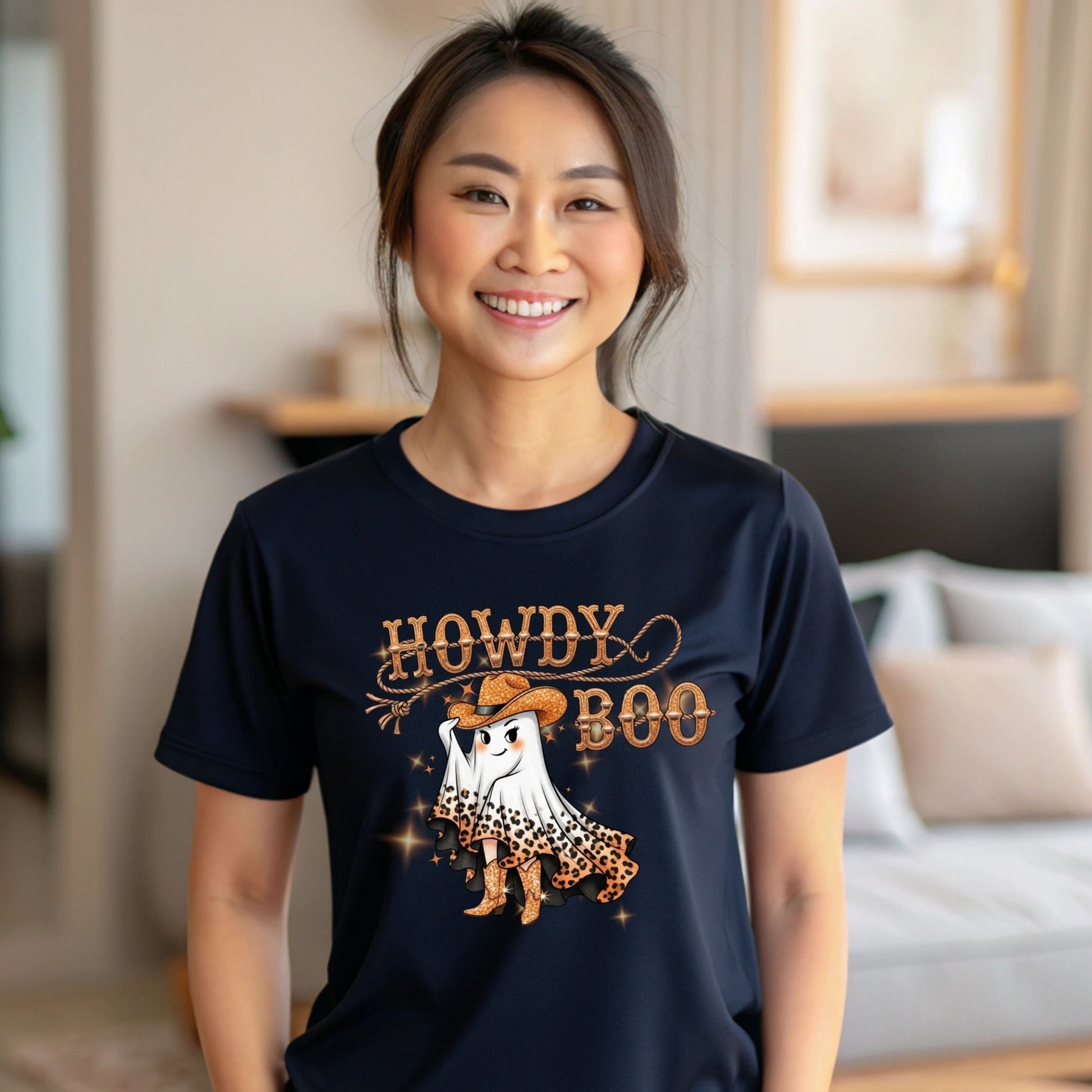 Howdy Boo Western Halloween T-Shirt – Sparkly Cowgirl Ghost Graphic Tee - Designs By Dice