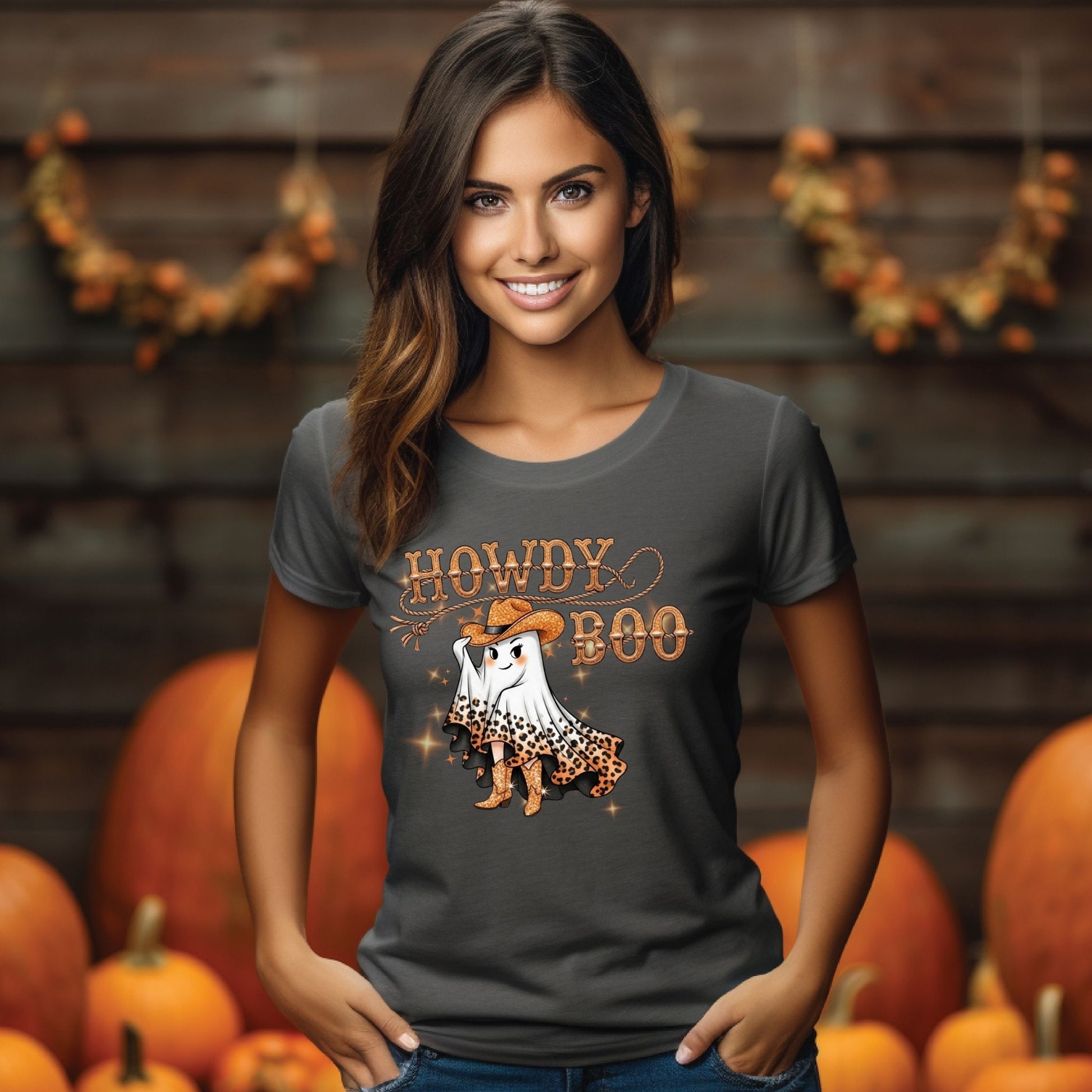 Howdy Boo Western Halloween T-Shirt – Sparkly Cowgirl Ghost Graphic Tee - Designs By Dice