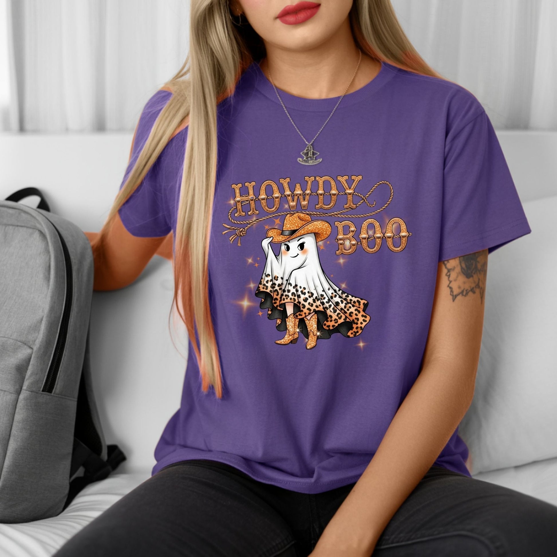 Howdy Boo Western Halloween T-Shirt – Sparkly Cowgirl Ghost Graphic Tee - Designs By Dice