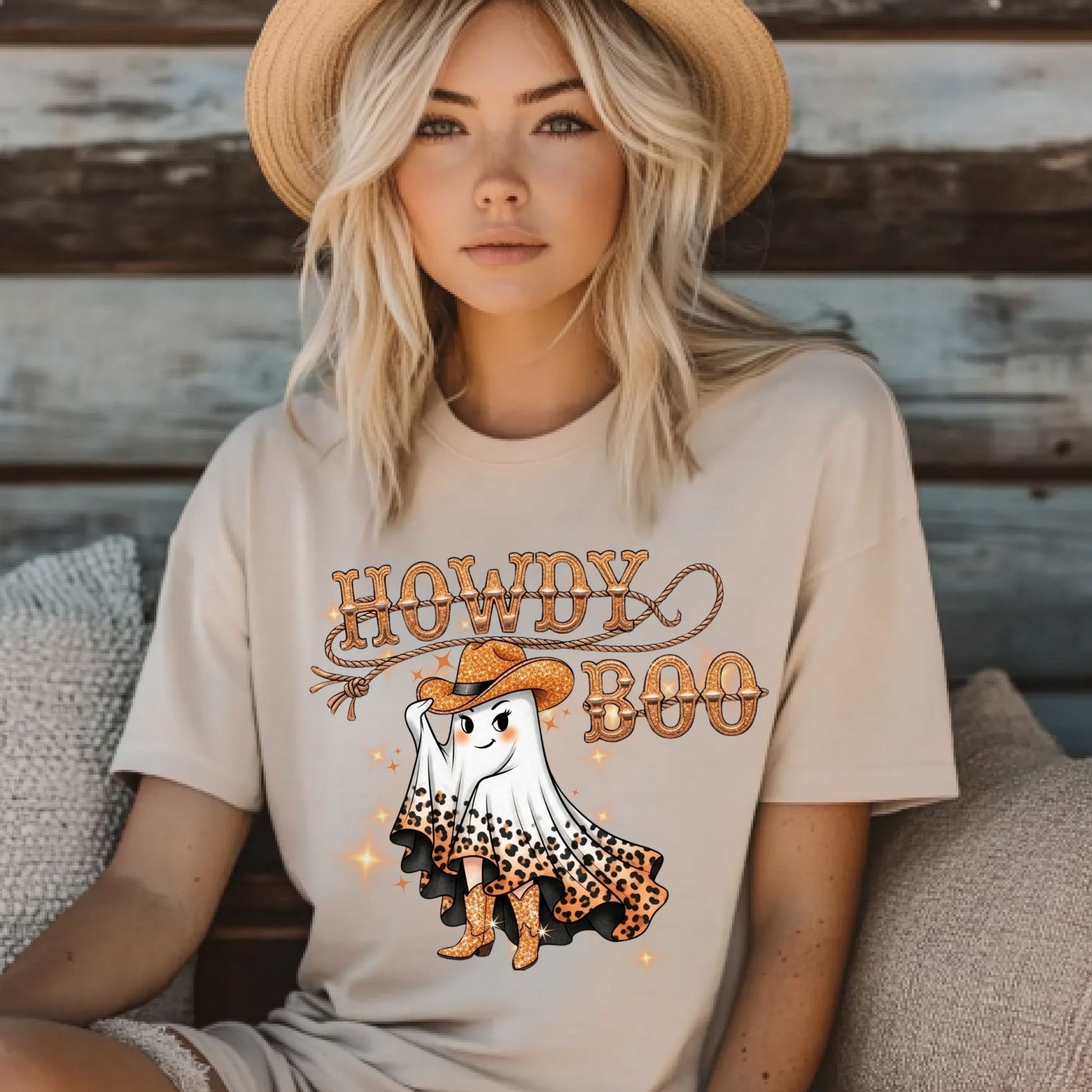 Howdy Boo Western Halloween T-Shirt – Sparkly Cowgirl Ghost Graphic Tee - Designs By Dice