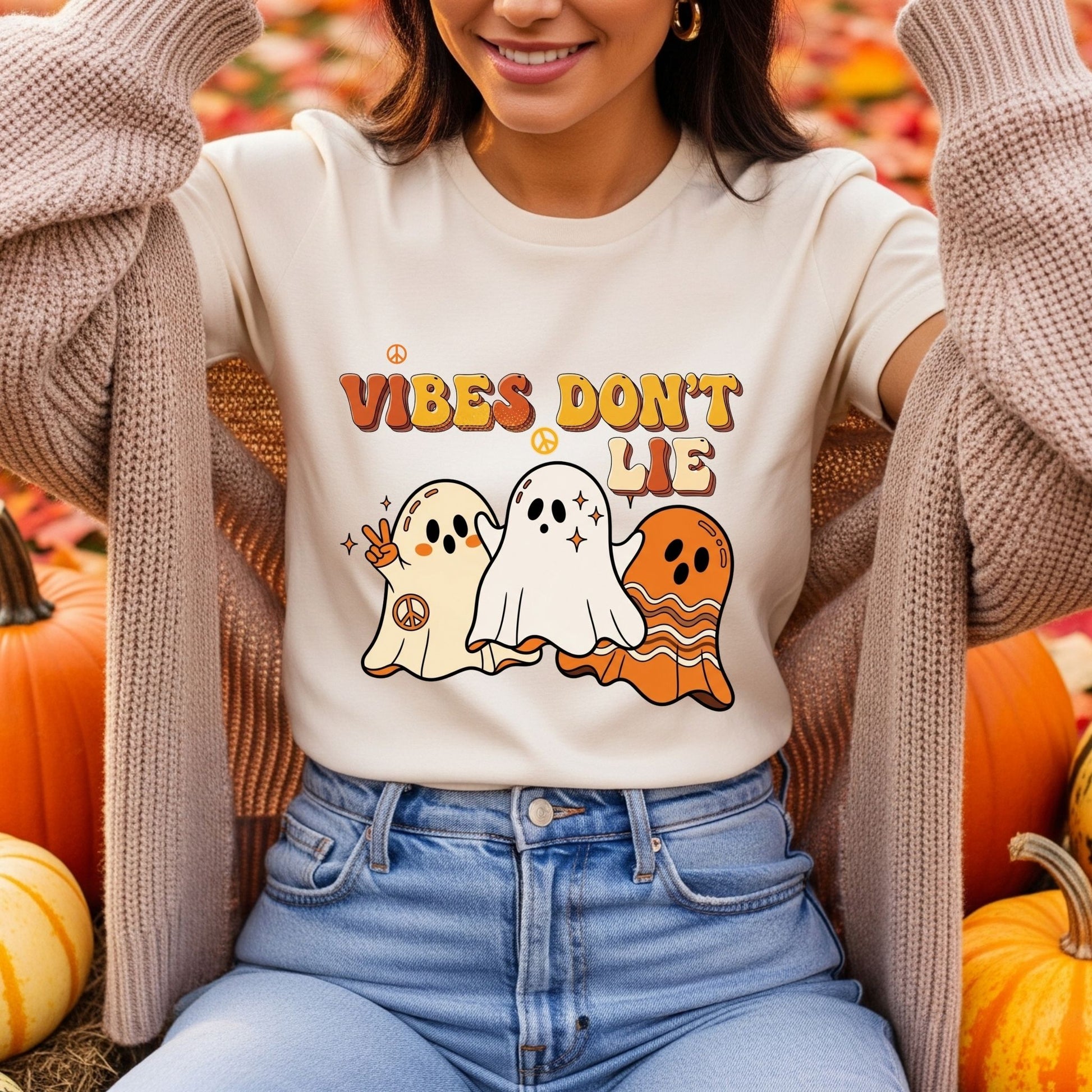 Vibes Don’t Lie Retro Halloween Ghost T-Shirt – Peace & Groovy Fall Tee - Designs By Dice