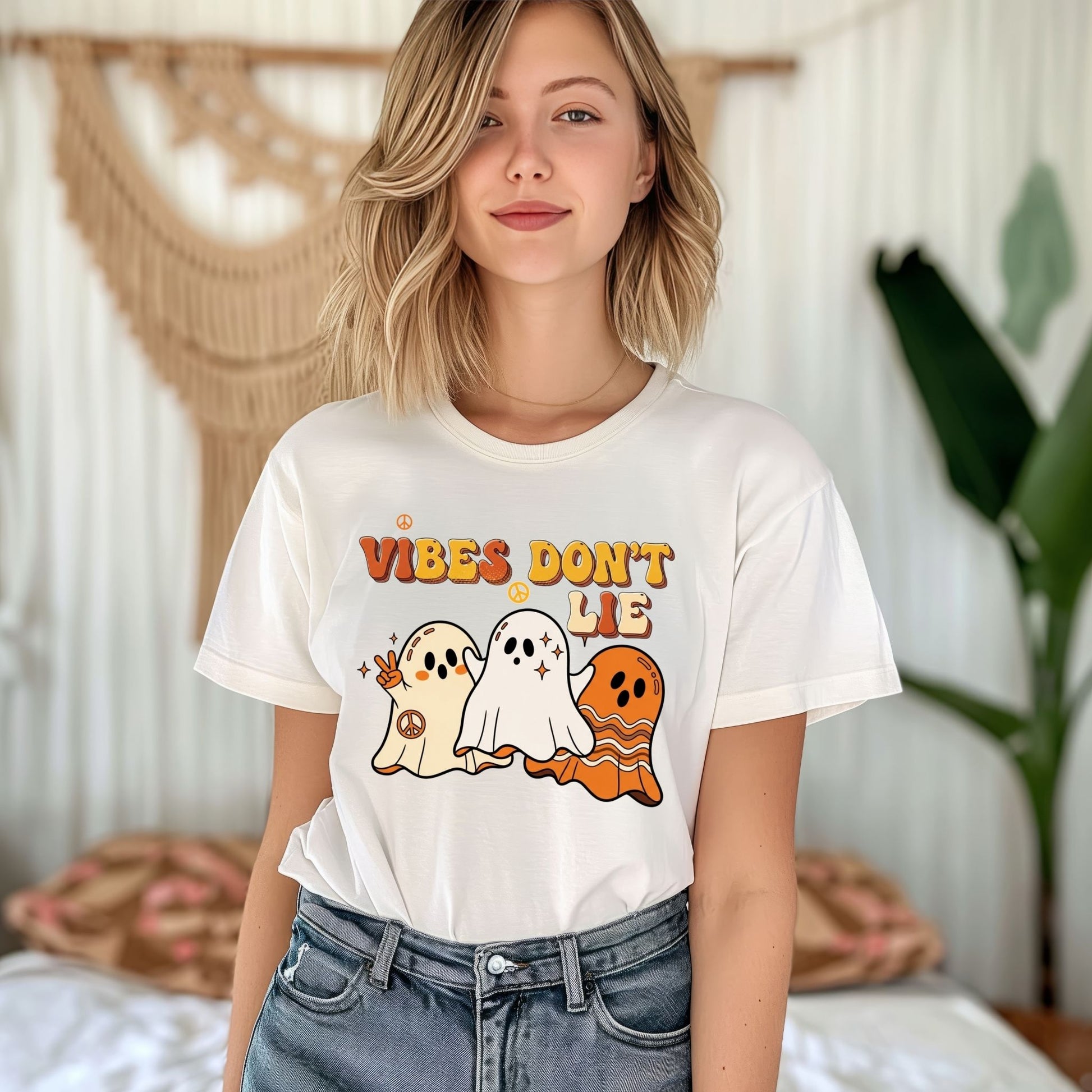Vibes Don’t Lie Retro Halloween Ghost T-Shirt – Peace & Groovy Fall Tee - Designs By Dice