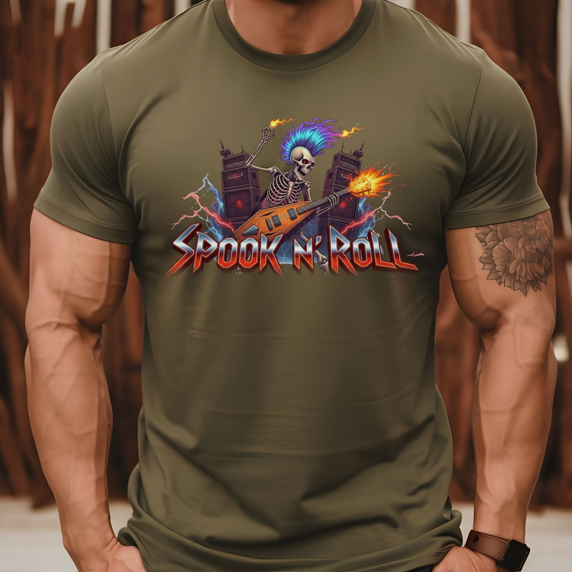 Spook N’ Roll – Skeleton Rock Guitar Halloween T-Shirt - Designs By Dice