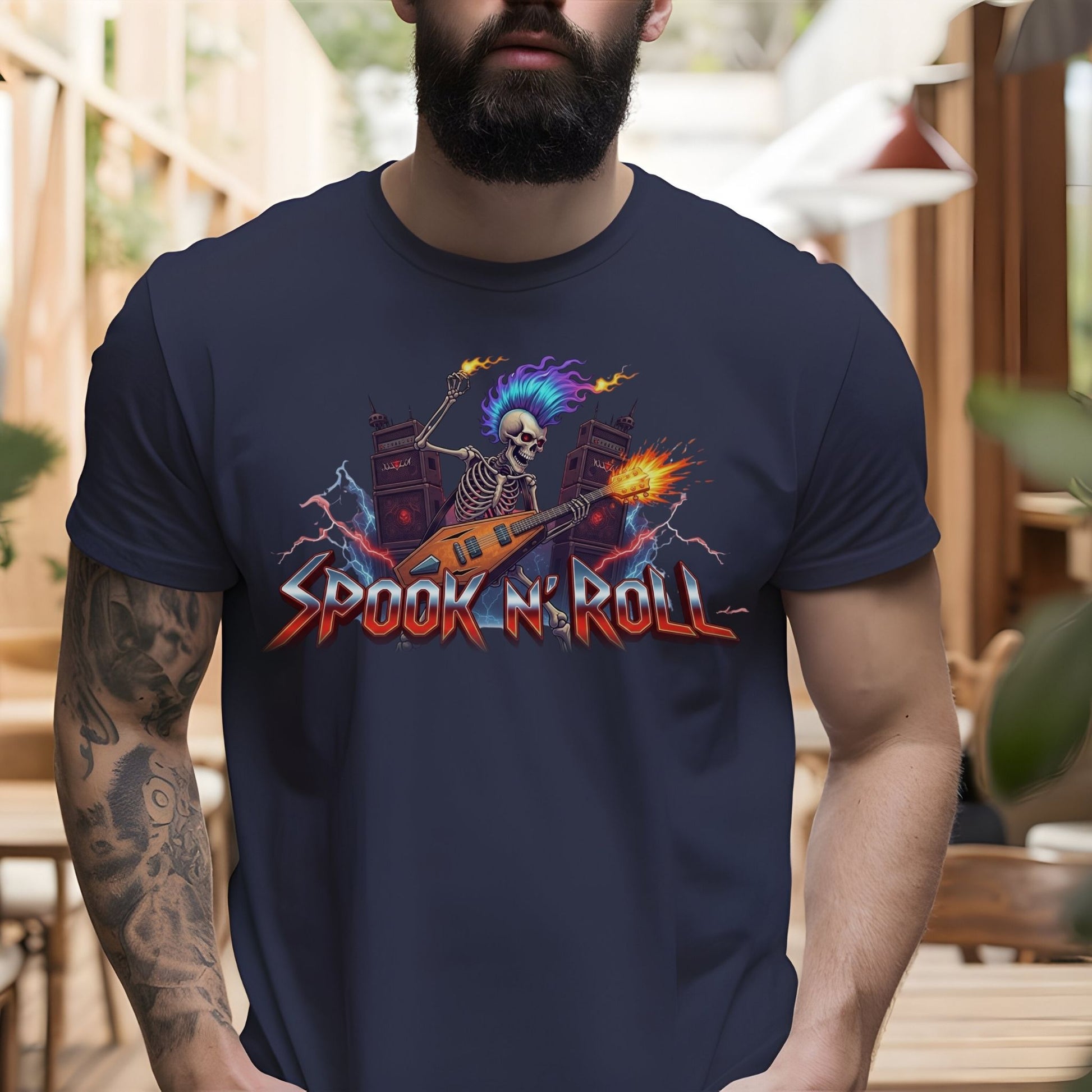 Spook N’ Roll – Skeleton Rock Guitar Halloween T-Shirt - Designs By Dice