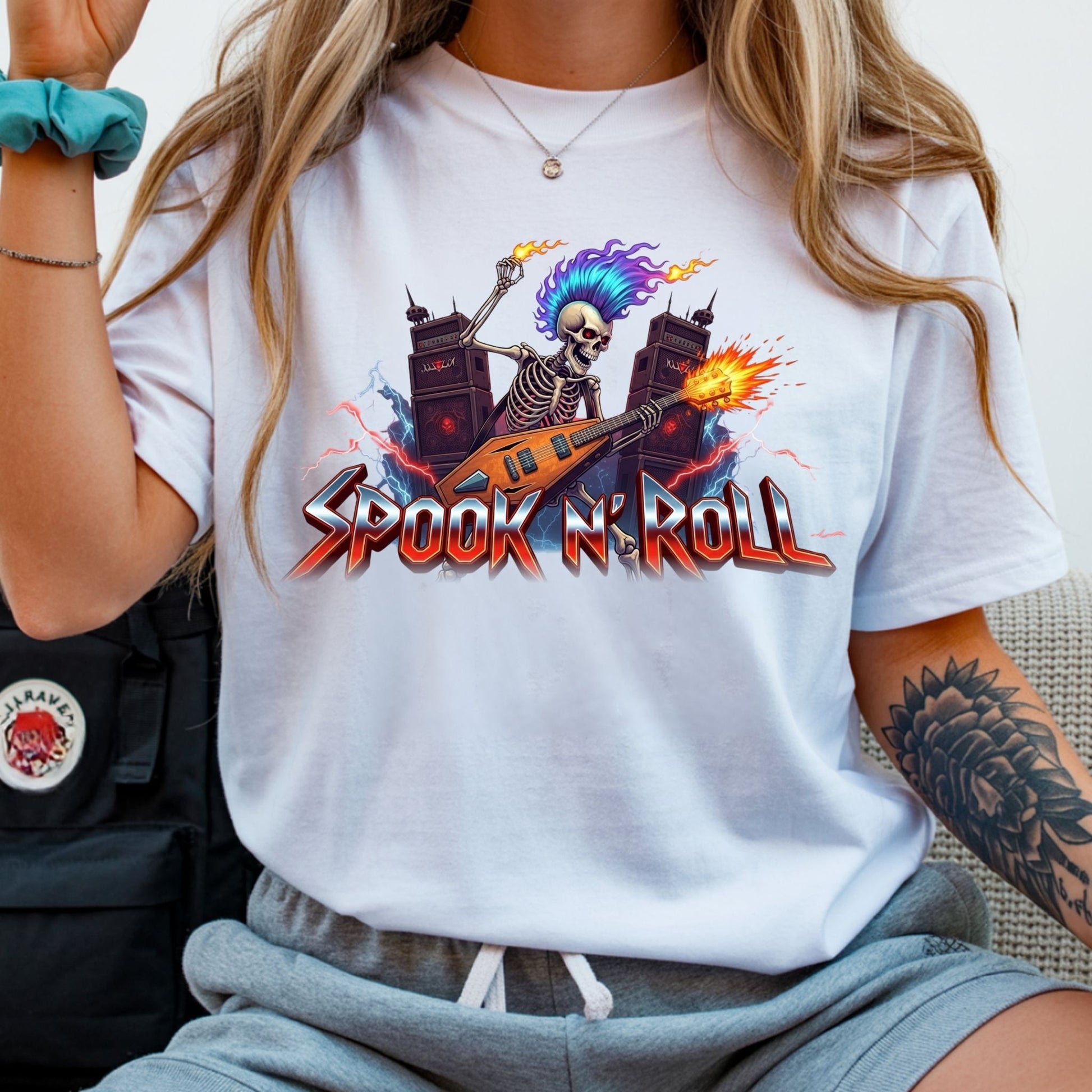 Spook N’ Roll – Skeleton Rock Guitar Halloween T-Shirt - Designs By Dice
