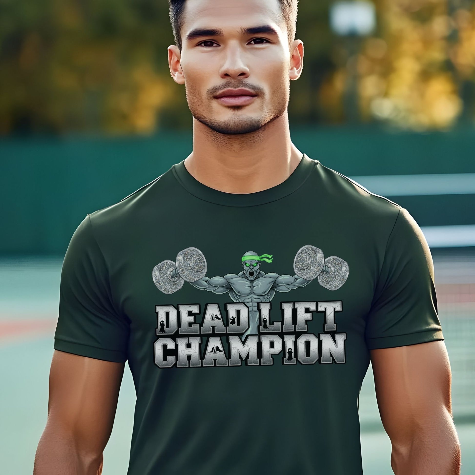 Dead Lift Champion – Funny Gym Halloween Zombie Ghost Weightlifting T-Shirt - Designs By Dice