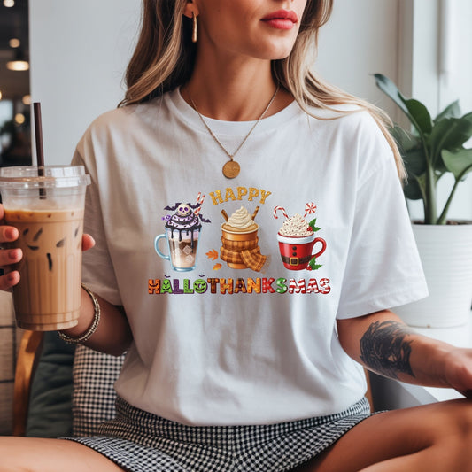 Happy Hallothanksmas – Halloween, Thanksgiving & Christmas Holiday T-Shirt