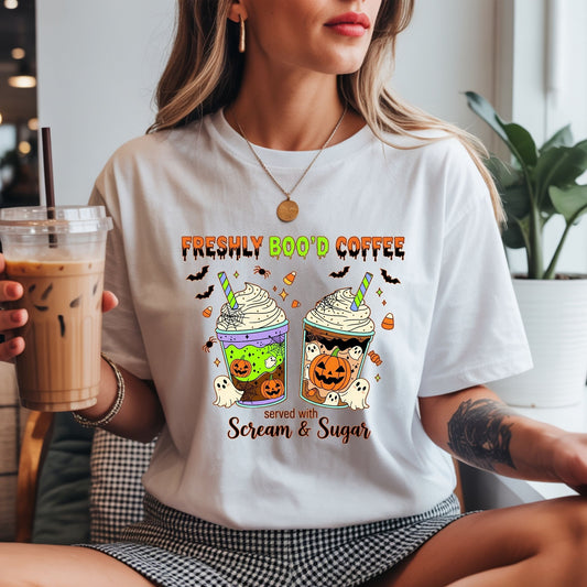 Freshly Boo’d Coffee Halloween T-Shirt – Cute Ghost Pumpkin Latte Graphic Tee