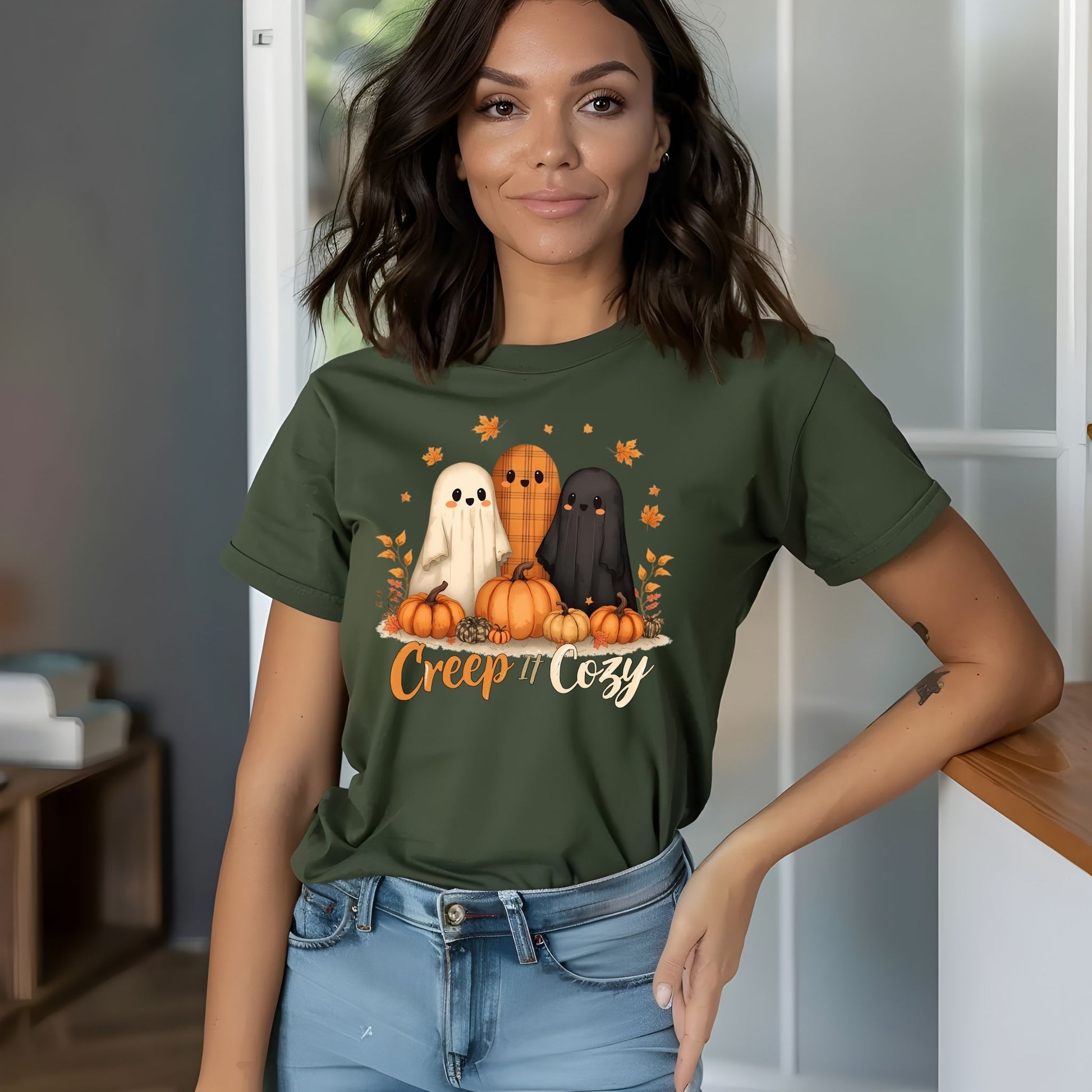 Creep It Cozy Cute Halloween Ghosts and Pumpkins T-Shirt - Designs By Dice