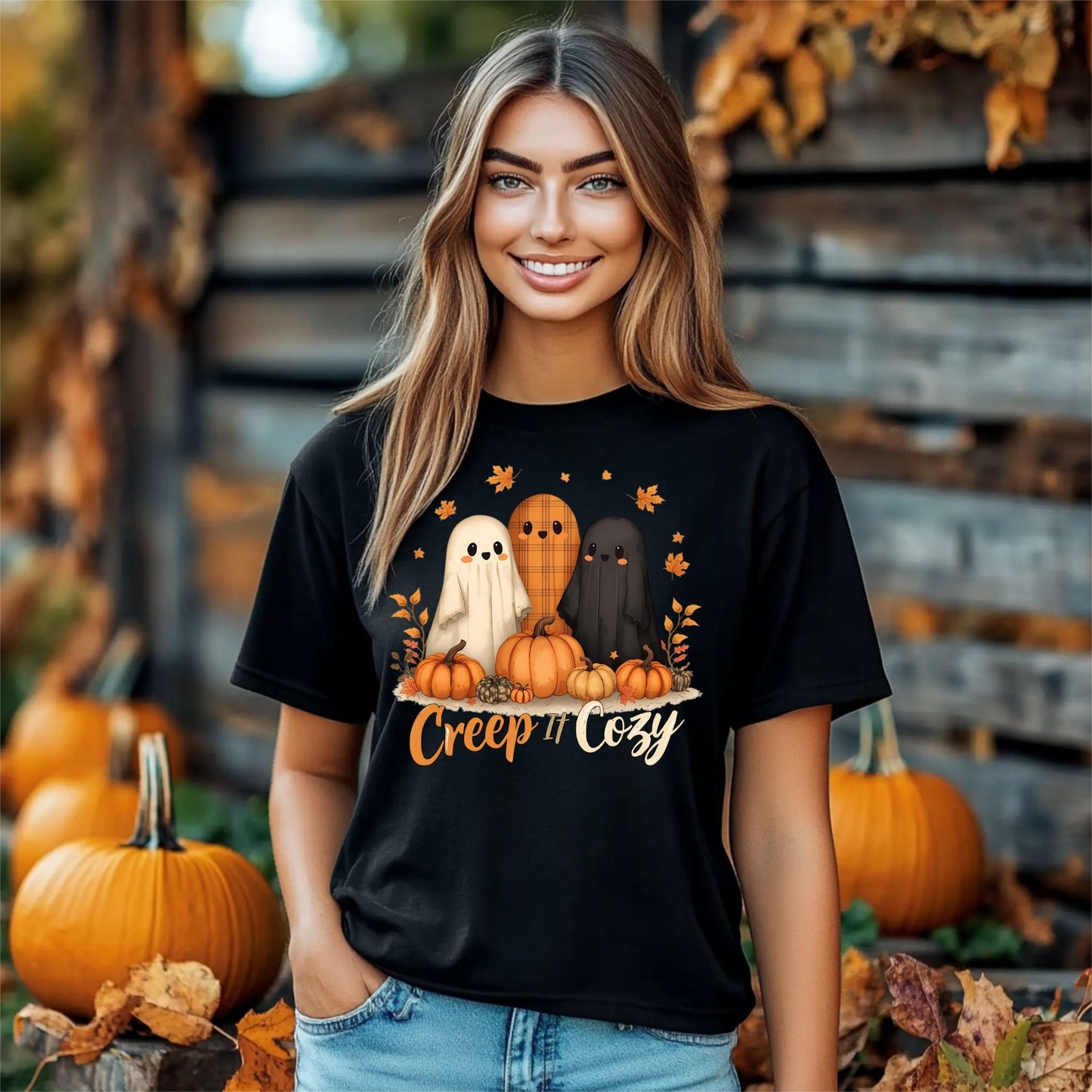 Creep It Cozy Cute Halloween Ghosts and Pumpkins T-Shirt