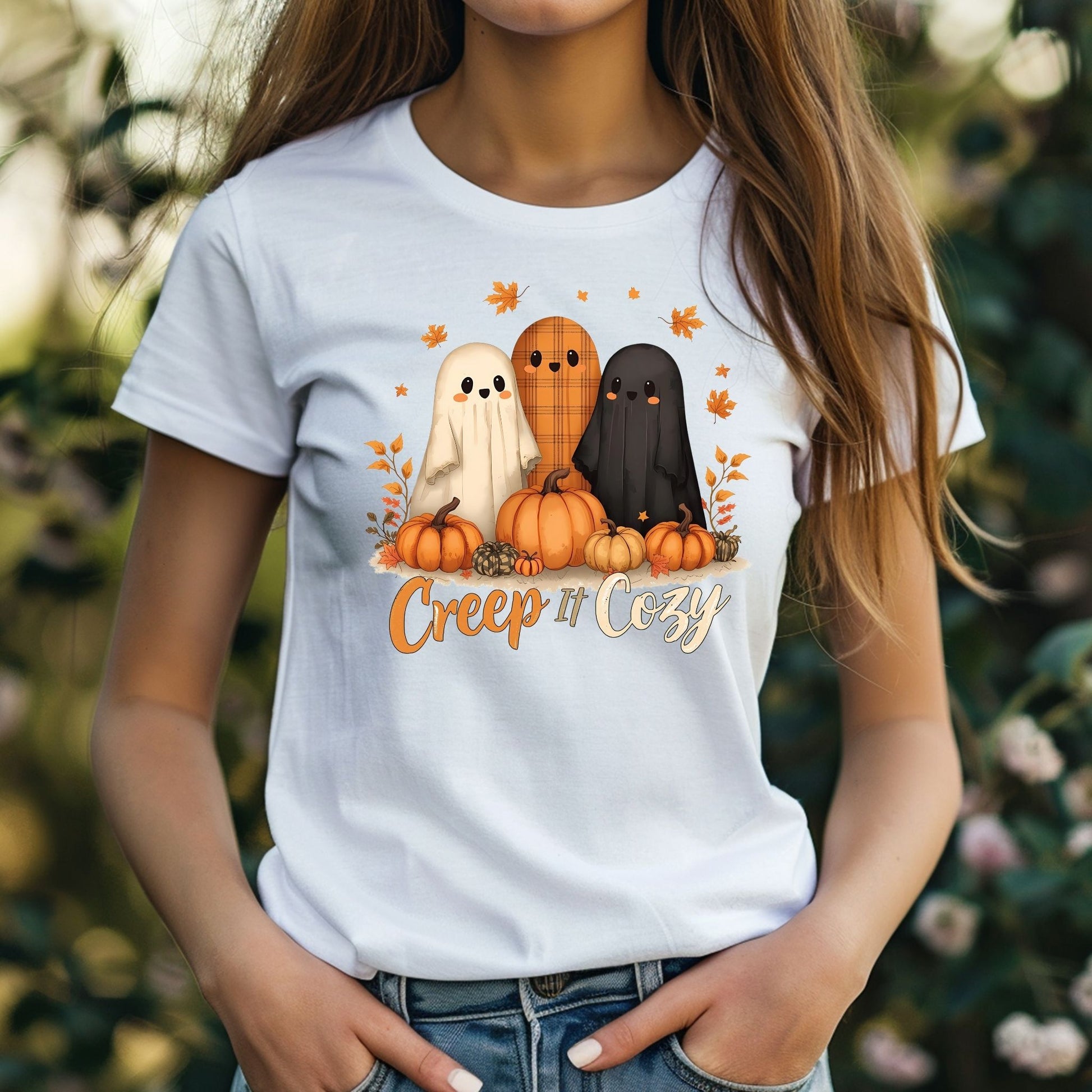 Creep It Cozy Cute Halloween Ghosts and Pumpkins T-Shirt - Designs By Dice