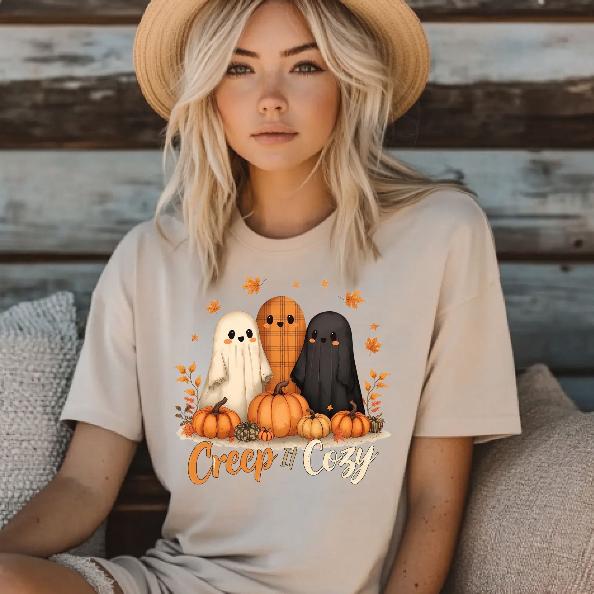 Creep It Cozy Cute Halloween Ghosts and Pumpkins T-Shirt - Designs By Dice