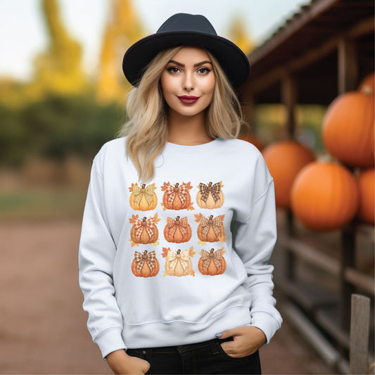 Plaid Bow Pumpkin Crewneck Sweatshirt – Cozy Fall Autumn Sweater