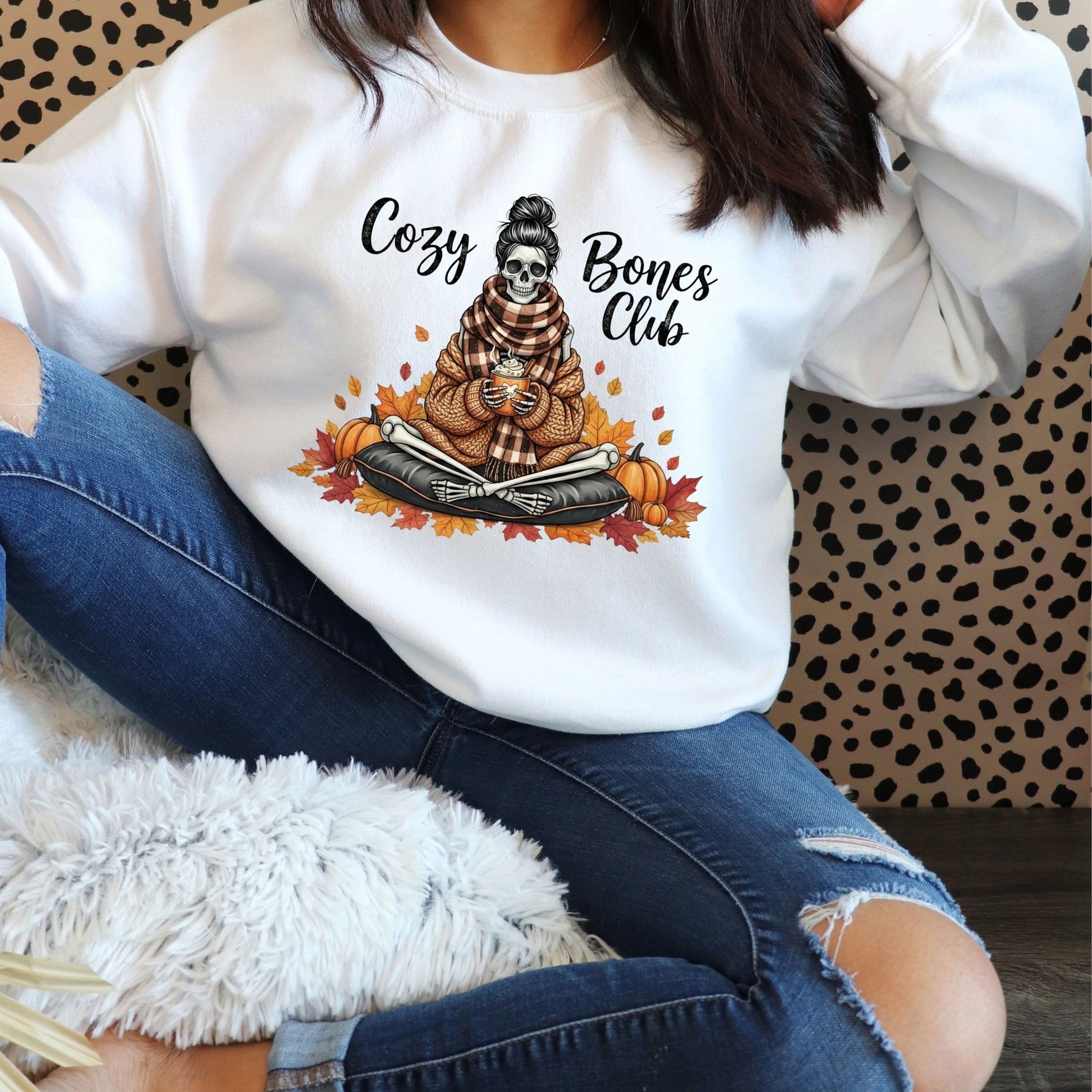 Cozy Bones Club Fall Skeleton Crewneck Sweatshirt – Autumn Coffee & Pumpkin Season Sweater - Designs By Dice