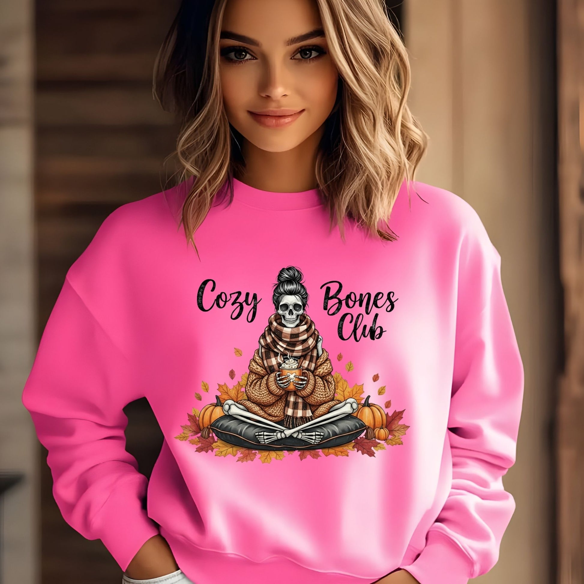 Cozy Bones Club Fall Skeleton Crewneck Sweatshirt – Autumn Coffee & Pumpkin Season Sweater - Designs By Dice