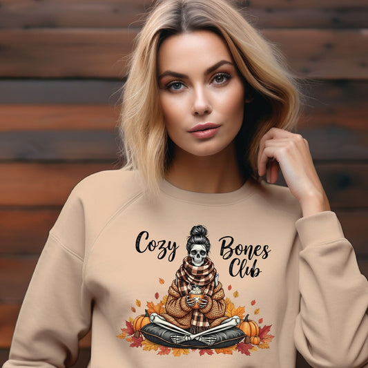 Cozy Bones Club Fall Skeleton Crewneck Sweatshirt – Autumn Coffee & Pumpkin Season Sweater - Designs By Dice