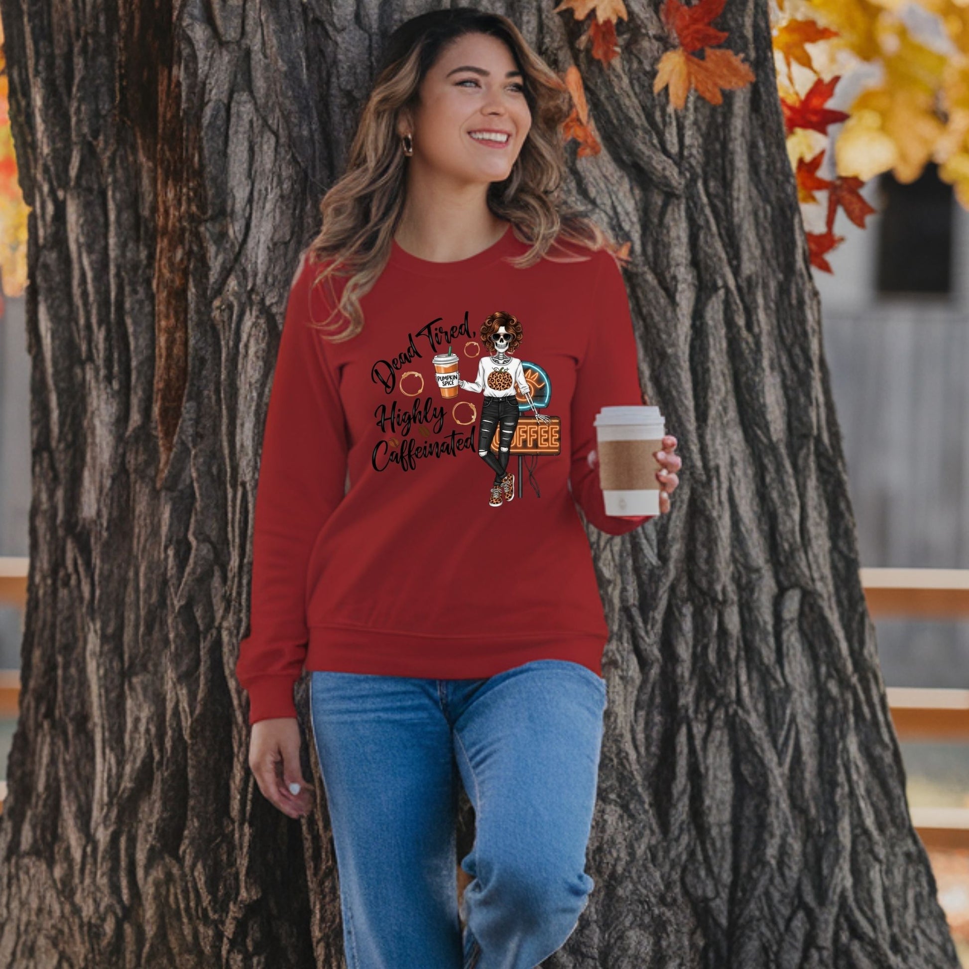 Dead Tired Highly Caffeinated Crewneck Sweatshirt – Pumpkin Spice Coffee Lover Fall Sweater - Designs By Dice