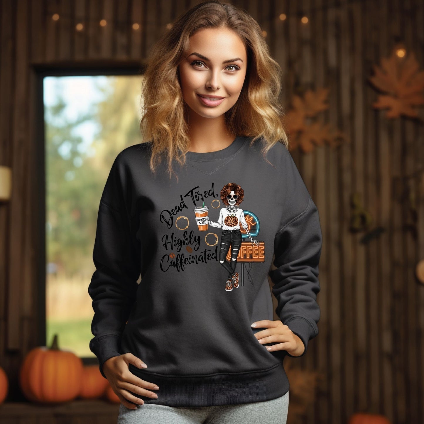 Dead Tired Highly Caffeinated Crewneck Sweatshirt – Pumpkin Spice Coffee Lover Fall Sweater