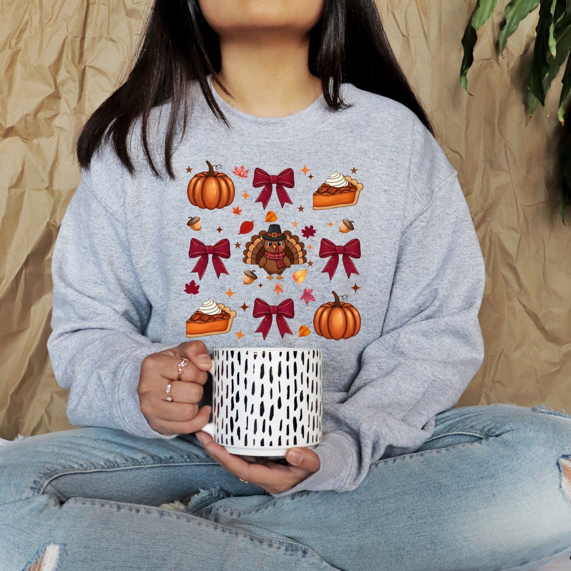 Cute Thanksgiving Turkey Crewneck Sweatshirt – Fall Pumpkin Pie Autumn Leaves Pullover - Designs By Dice