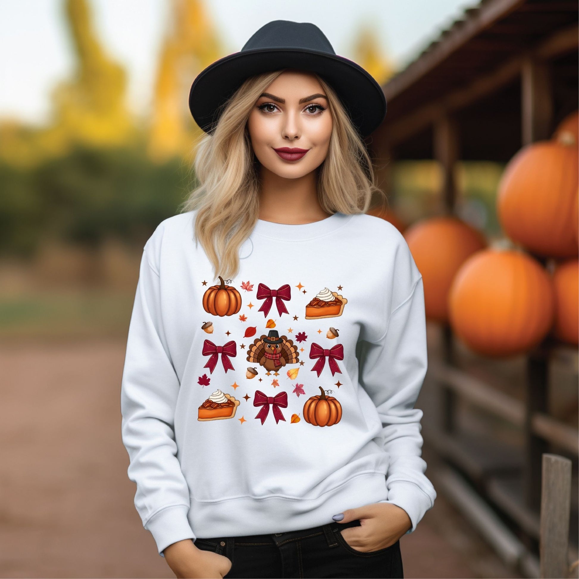 Cute Thanksgiving Turkey Crewneck Sweatshirt – Fall Pumpkin Pie Autumn Leaves Pullover - Designs By Dice
