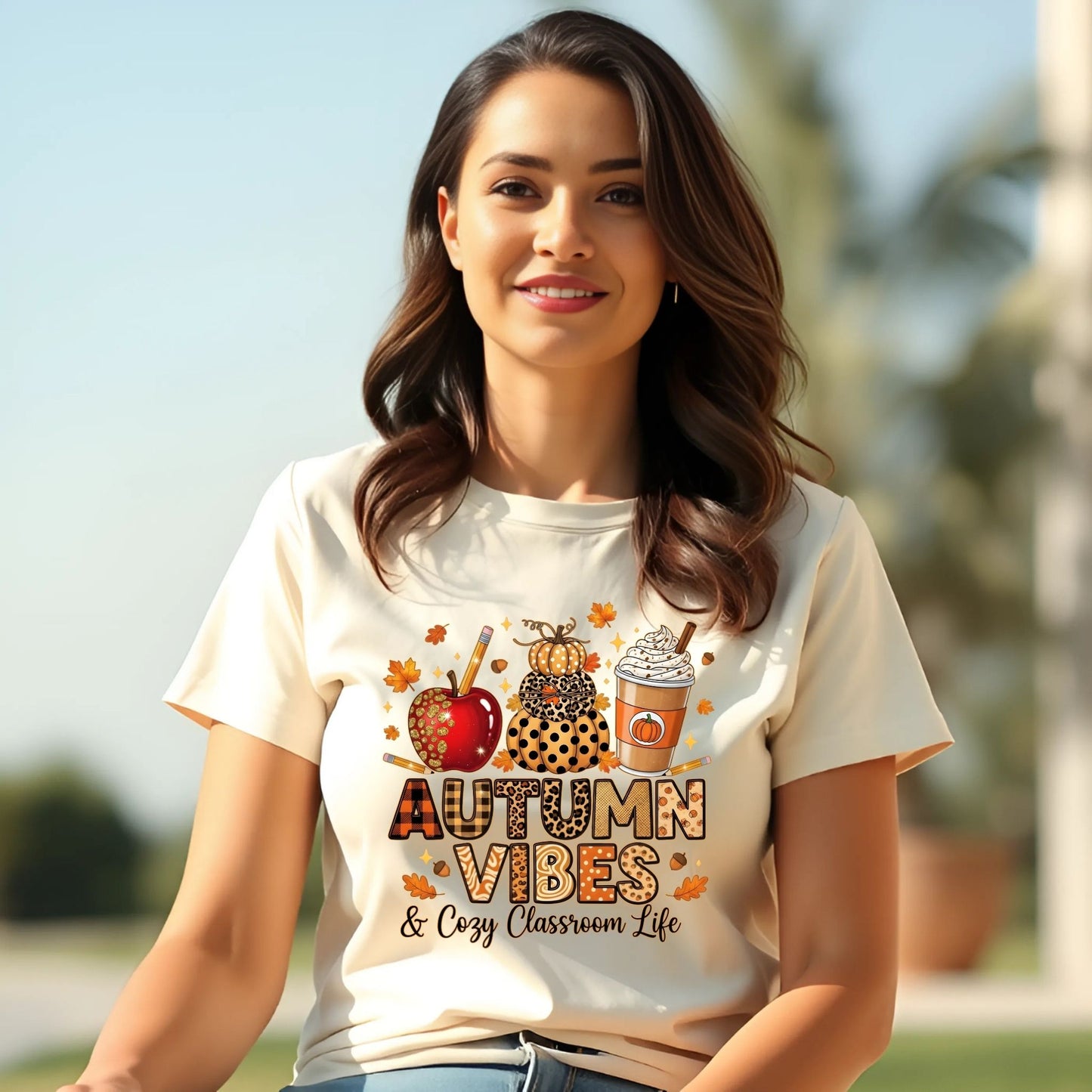 Autumn Vibes & Cozy Classroom Life Teacher T-Shirt – Fall Pumpkin Latte Leopard Print Tee