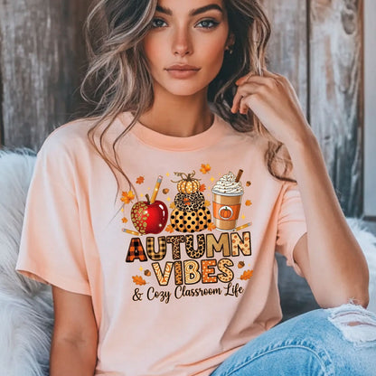 Autumn Vibes & Cozy Classroom Life Teacher T-Shirt – Fall Pumpkin Latte Leopard Print Tee