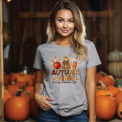 Autumn Vibes & Cozy Classroom Life Teacher T-Shirt – Fall Pumpkin Latte Leopard Print Tee