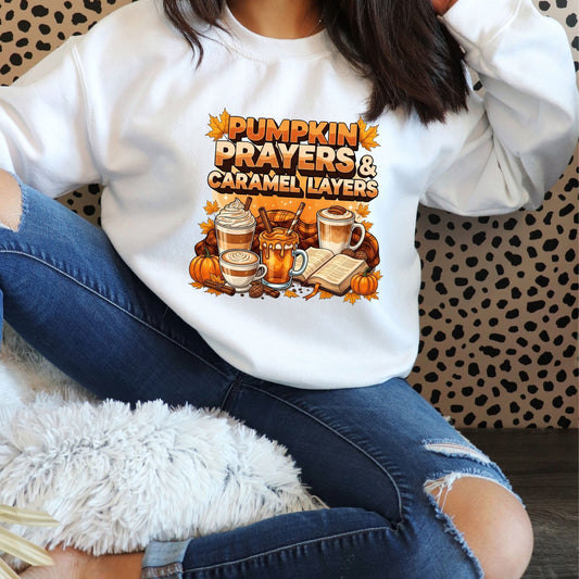 Pumpkin Prayers & Caramel Layers Crewneck Sweatshirt – Cozy Fall Coffee & Faith Pullover