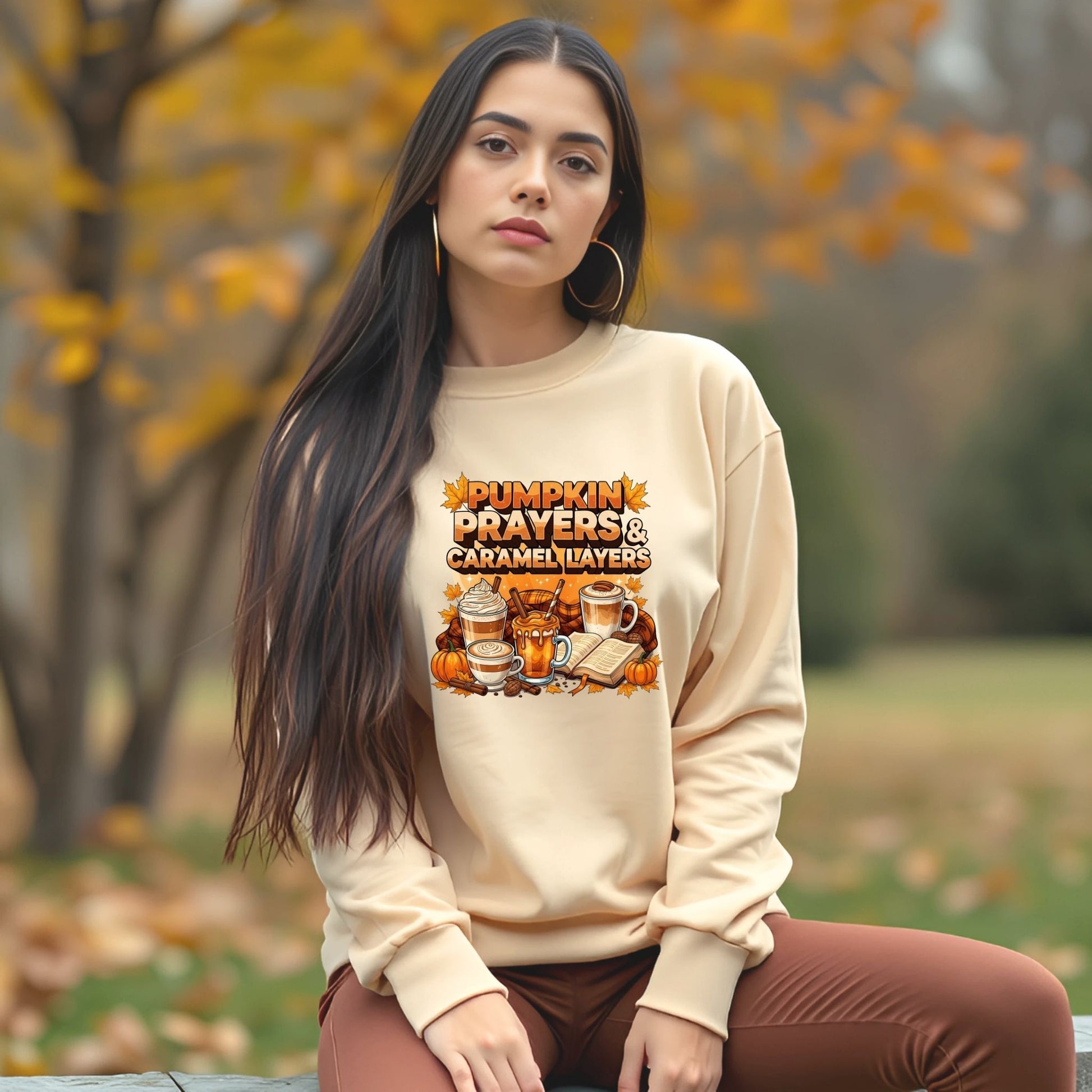 Pumpkin Prayers & Caramel Layers Crewneck Sweatshirt – Cozy Fall Coffee & Faith Pullover - Designs By Dice